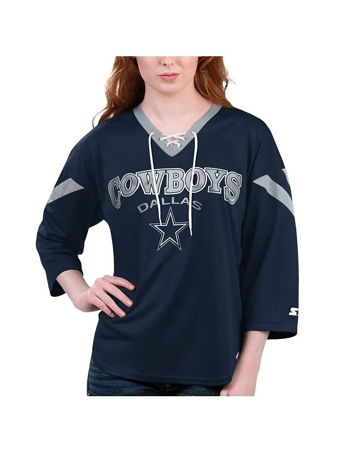 Женская темно-синяя футболка на шнуровке с рукавами 3/4 Dallas Cowboys Rally Starter