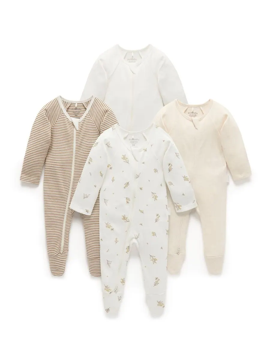 Комплект из 4 детских комбинезонов на молнии для девочек и мальчиков Purebaby, Vanilla wattle bee