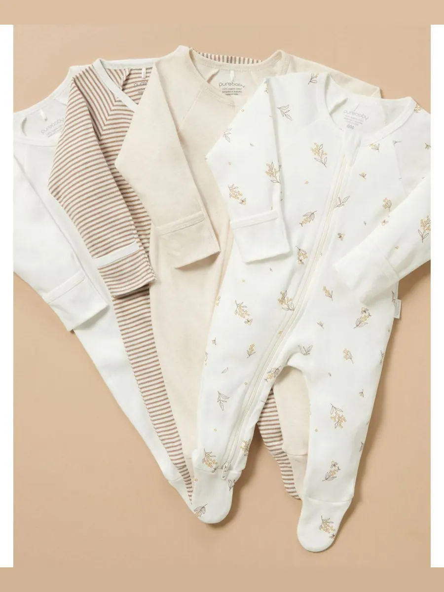 Комплект из 4 детских комбинезонов на молнии для девочек и мальчиков Purebaby, Vanilla wattle bee — изображение 2 из 6