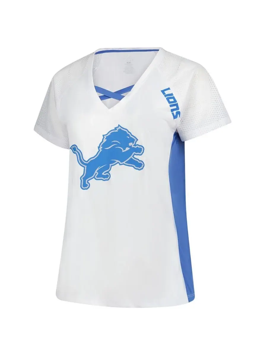 Fanatics Женская белая футболка Detroit Lions больших размеров с блестками, шнуровкой и V-образным — изображение 2 из 3