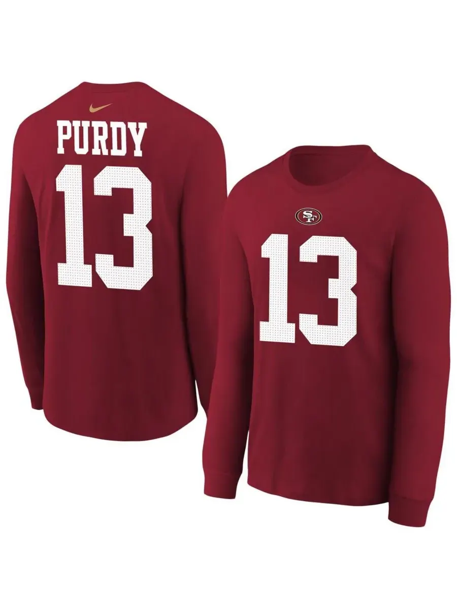 Футболка с длинным рукавом "Brock Purdy Scarlet San Francisco 49ers" для мальчиков и девочек Nike