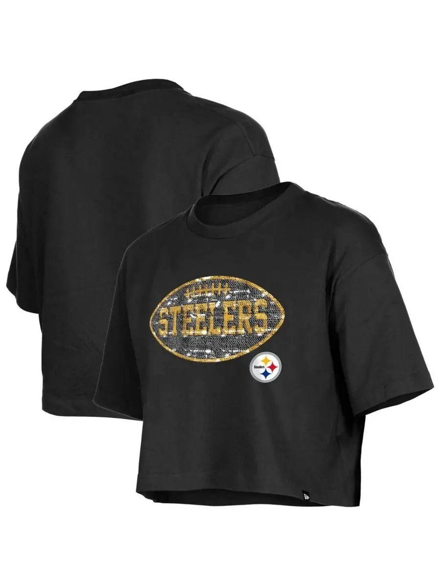 New Era Детская черная футболка свободного кроя с пайетками и логотипом Pittsburgh Steelers