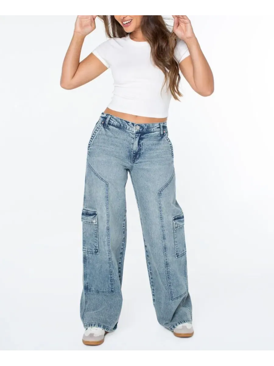 Джинсы с широкой штаниной и карго-карманами, модель Mid-Rise Wide-Leg Cargo Celebrity Pink, Penora