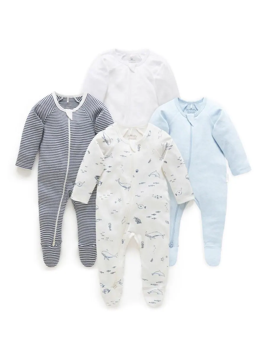 Комплект из 4 детских комбинезонов на молнии для мальчиков Purebaby, Vanilla nautical