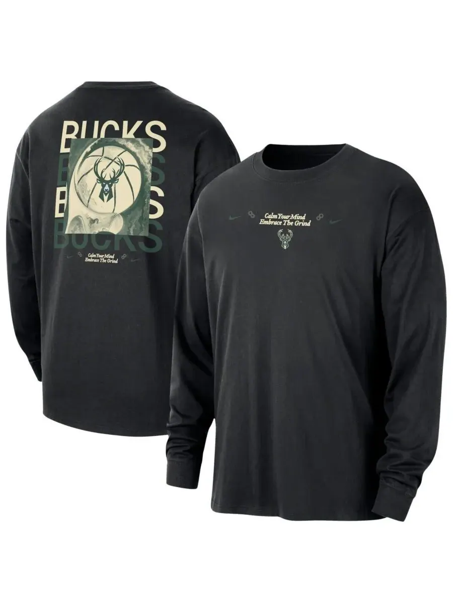 Nike Мужская черная футболка с длинными рукавами Milwaukee Bucks Courtside Oversized
