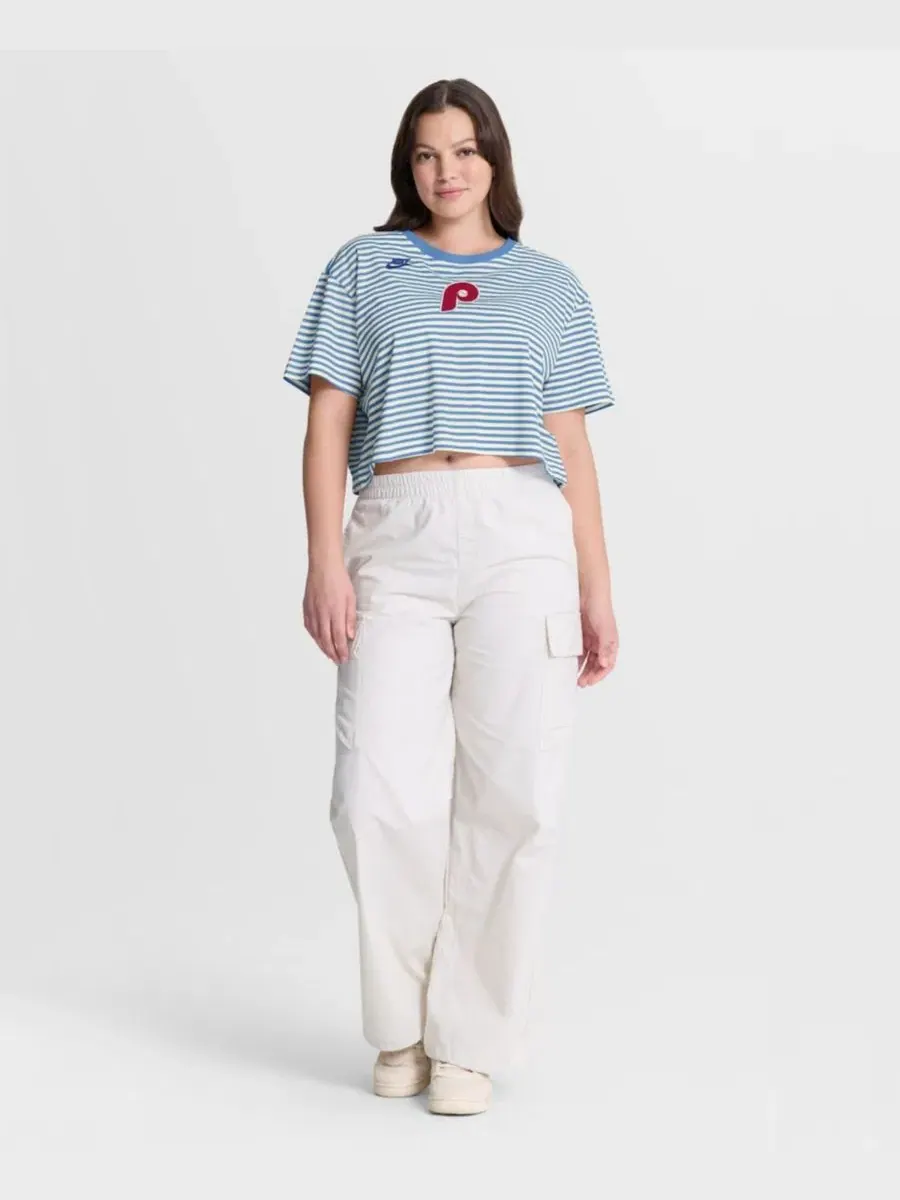 Футболка-кроп с принтом Cooperstown Collection Striped Cropped T-Shirt Nike — изображение 3 из 3, светлый синий кремовый