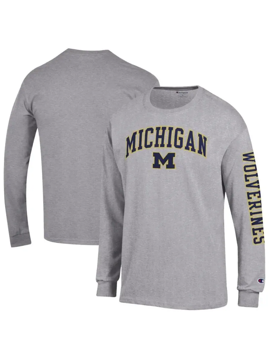 Champion Мужская футболка с длинным рукавом, светло-серого цвета, с логотипом Michigan Wolverines в