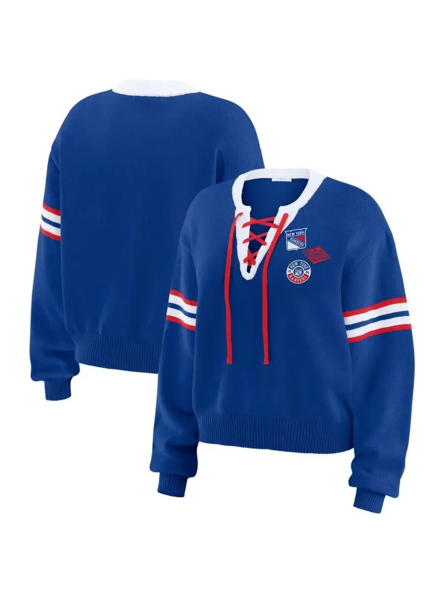O5 Apparel Укороченный свитер на шнуровке синего цвета с символикой New York Rangers от Wear By