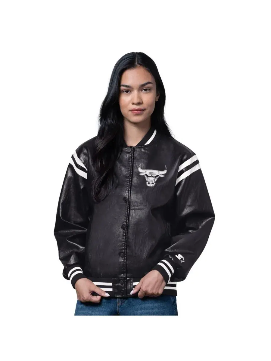Starter Женская черная кожаная куртка Chicago Bulls High Heat Varsity с застежкой на кнопках