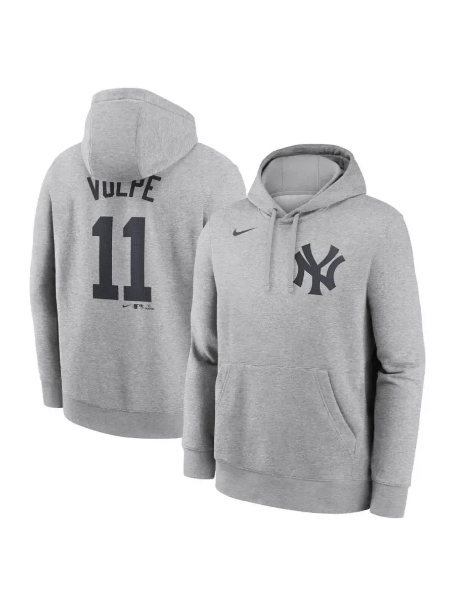 Nike Мужская флисовая толстовка с капюшоном Anthony Volpe Heather Gray New York Yankees с именем и