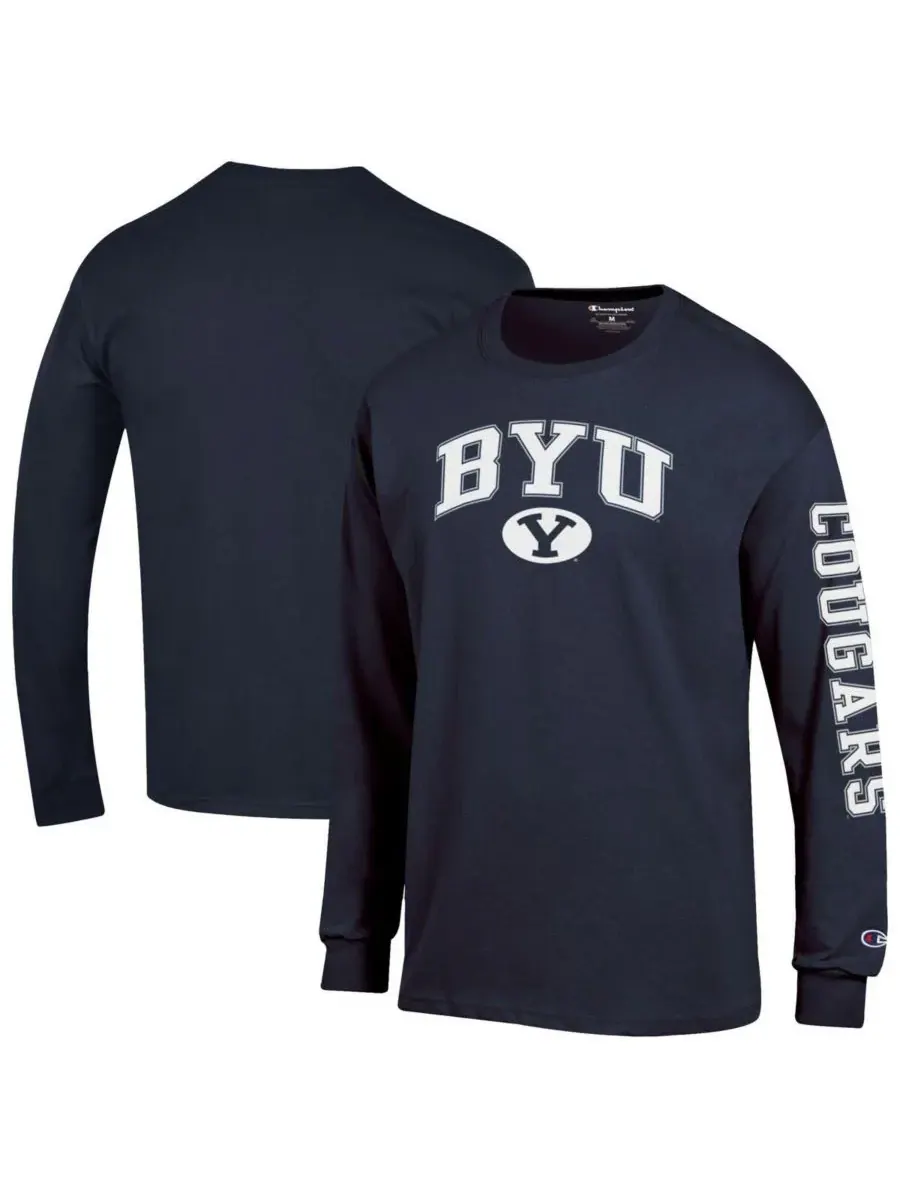 Champion Мужская темно-синяя футболка с длинным рукавом BYU Cougars Arch Over Logo 2-Hit