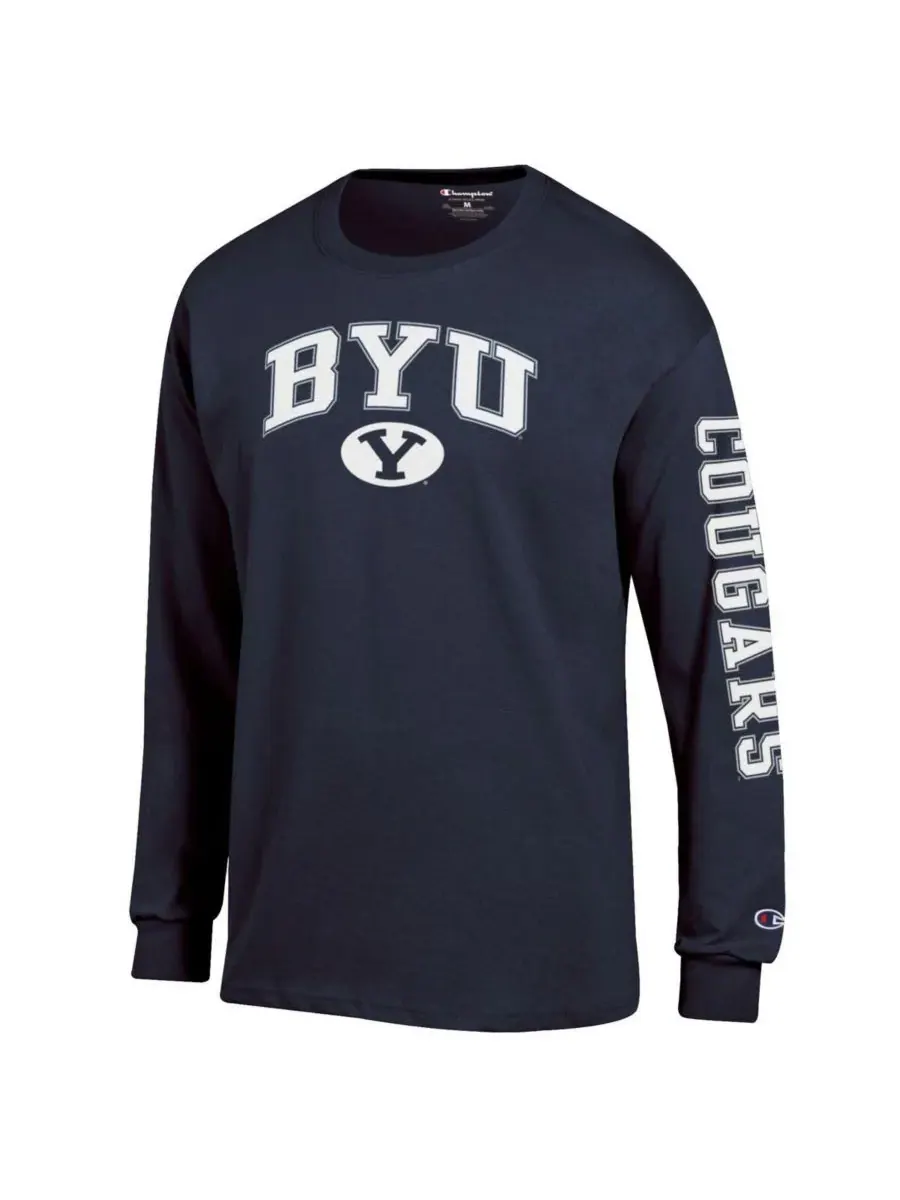 Champion Мужская темно-синяя футболка с длинным рукавом BYU Cougars Arch Over Logo 2-Hit — изображение 3 из 3, темно-синий