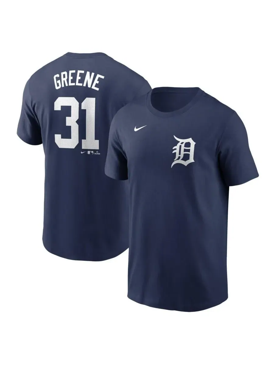 Nike Мужская темно-синяя футболка Riley Greene Detroit Tigers с фузером и номером игрока