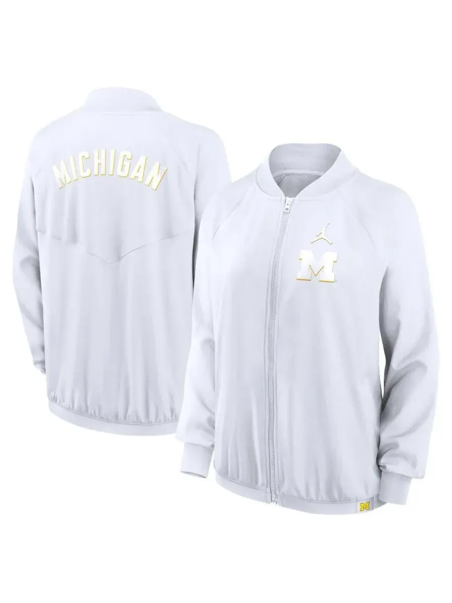 Jordan Женская белая куртка-бомбер Michigan Wolverines Statement с рукавами реглан и полной