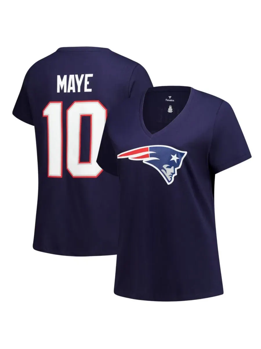 Футболка с V-образным вырезом Drake Maye Navy New England Patriots Plus Size Fanatics