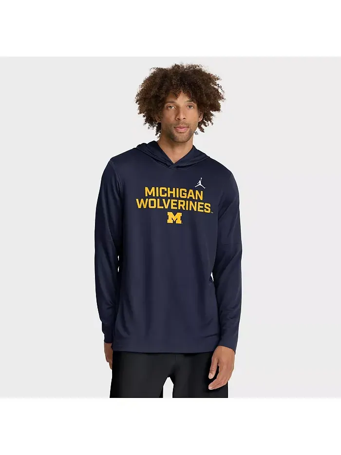 Мужская синяя толстовка Michigan Wolverines 2025 с длинными рукавами для боковой линии Jordan