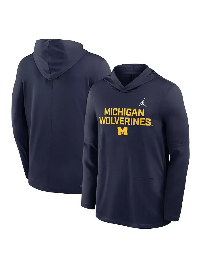 Мужская синяя толстовка Michigan Wolverines 2025 с длинными рукавами для боковой линии Jordan — изображение 4 из 5