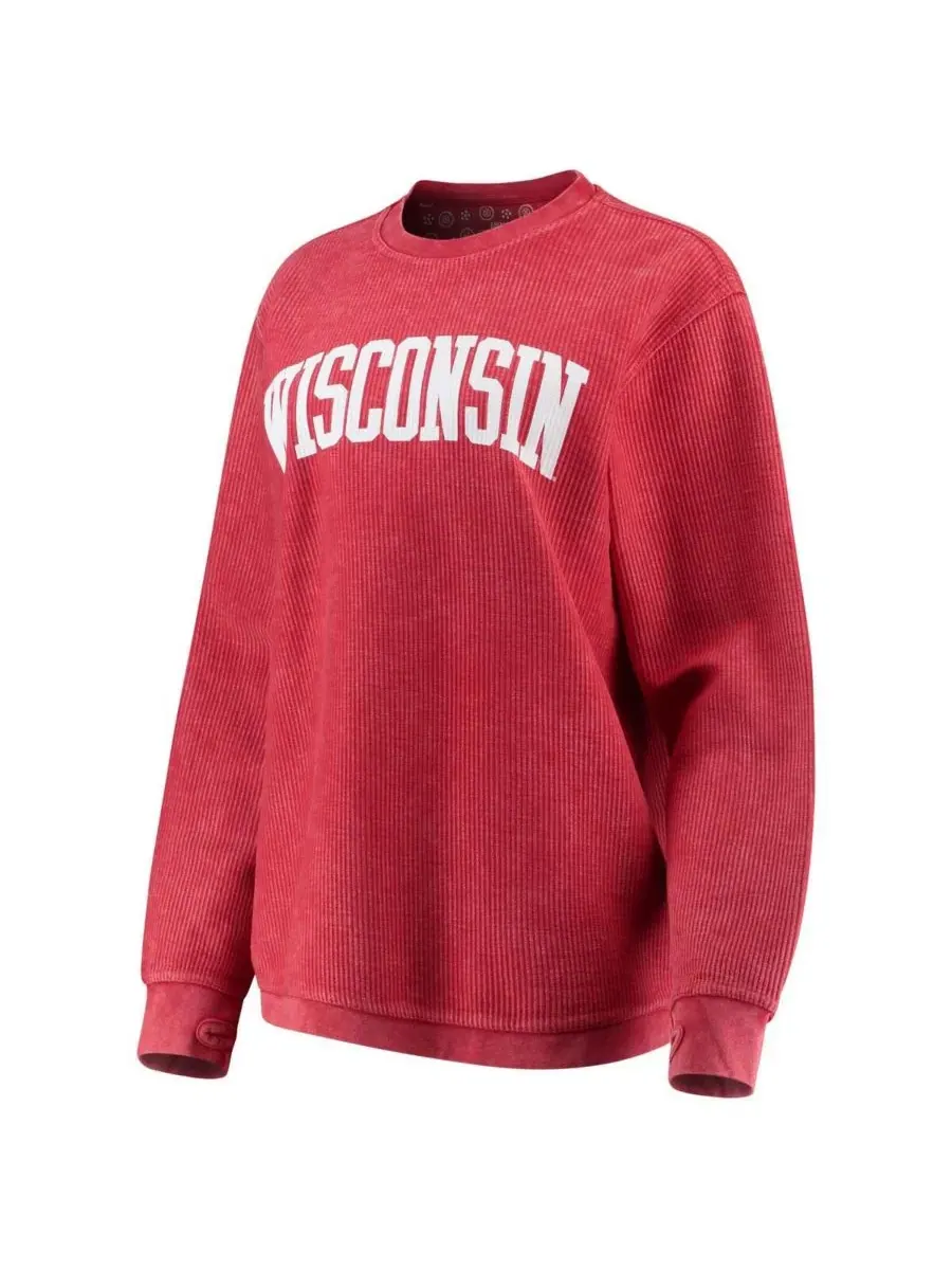 Женский свитшот с принтом Wisconsin Badgers, модель Comfy Cord Vintage-Like Wash Basic Arch Pressbox
