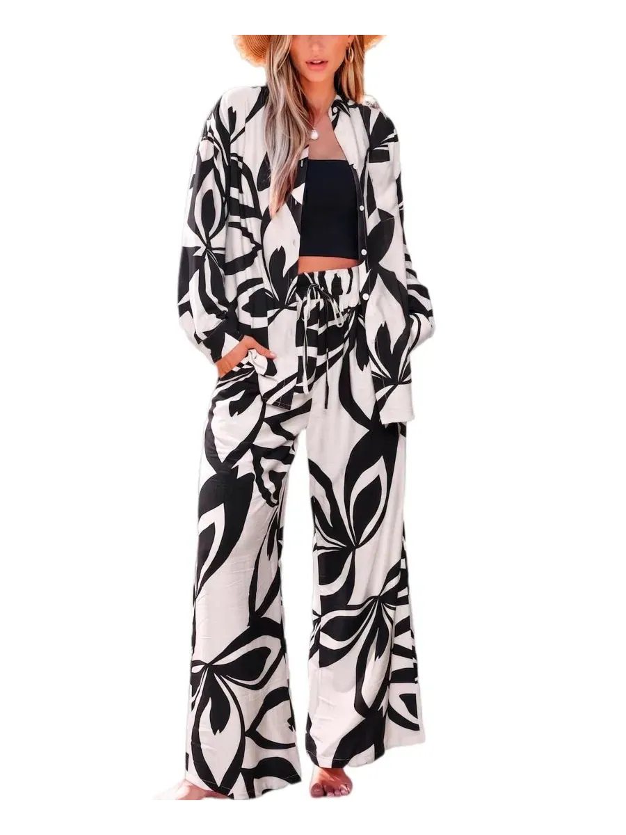Комплект из рубашки с принтом и широких брюк, модель Abstract Leaf Print Cupshe