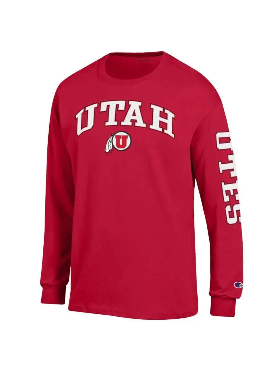 Champion Мужская красная футболка с длинными рукавами Utah Utes Arch Over Logo 2-Hit — изображение 3 из 3, красный
