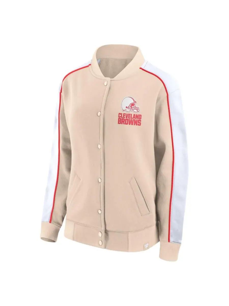 Fanatics Женская бежевая куртка-бомбер Cleveland Browns Lounge с застежкой на кнопках — изображение 2 из 3, бежевый