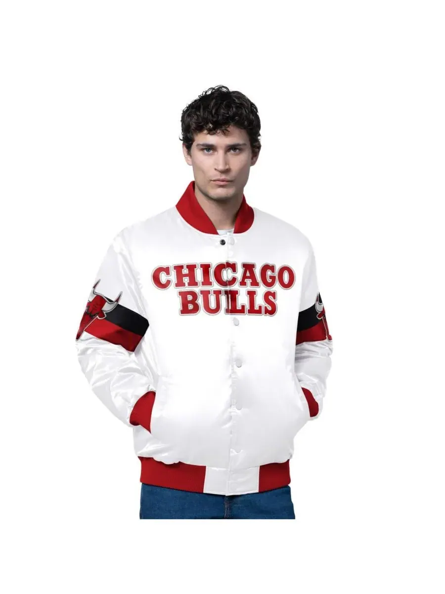 Starter Мужская белая атласная куртка Chicago Bulls Triple Option Varsity с застежкой на кнопках