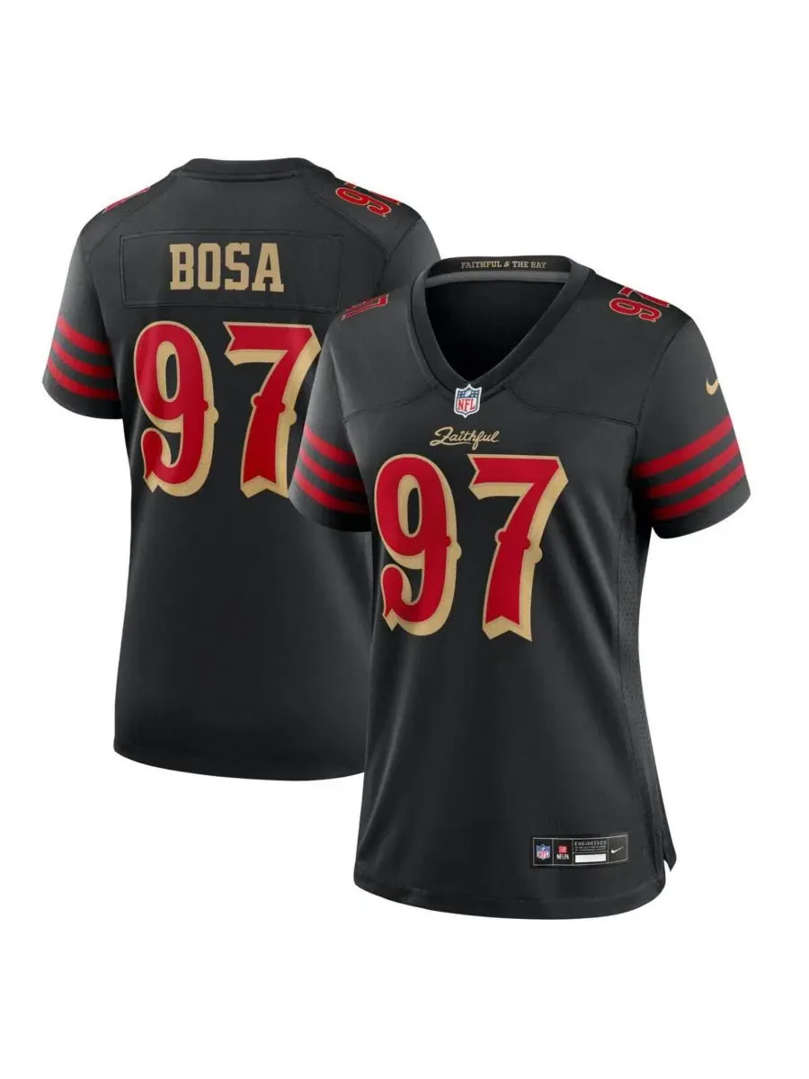 Женская черная игровая футболка Ника Боса из коллекции San Francisco 49ers 2025 Rivalries Nike