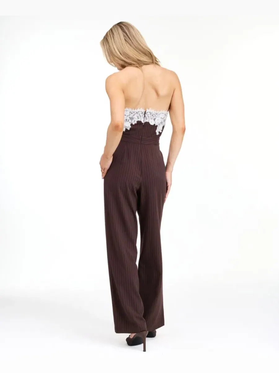 Комбинезон без бретелек с кружевной отделкой Harper Kittenish, Chocolate Pin Stripe — изображение 4 из 4
