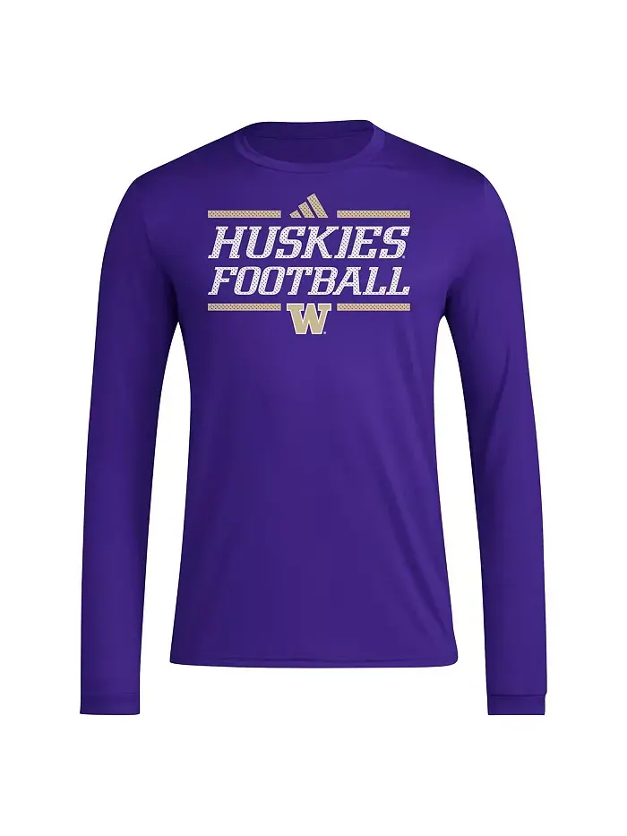 Мужская фиолетовая футболка Washington Huskies Locker Football Pre-Game с длинным рукавом AEROREADY — изображение 3 из 3