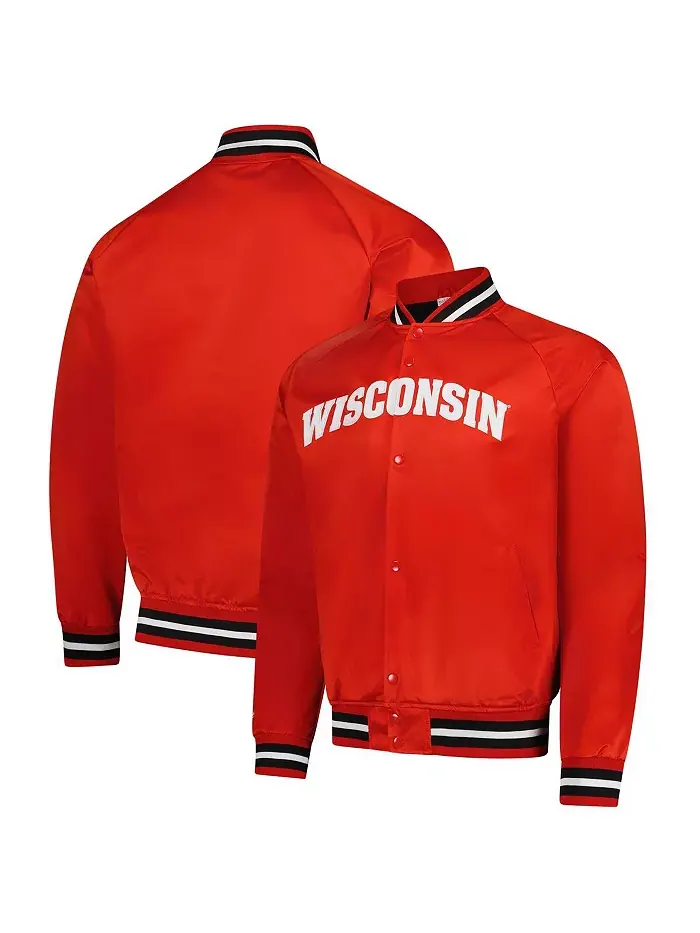 Мужская легкая атласная бейсбольная куртка на молнии Red Wisconsin Badgers с регланными рукавами