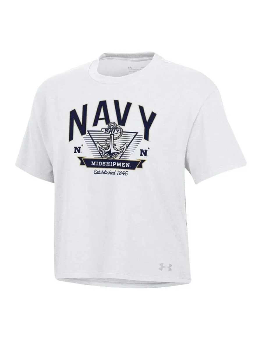 Under Armour Женская белая футболка укороченная свободного кроя Midshipmen Essentials Icon — изображение 3 из 3, белый