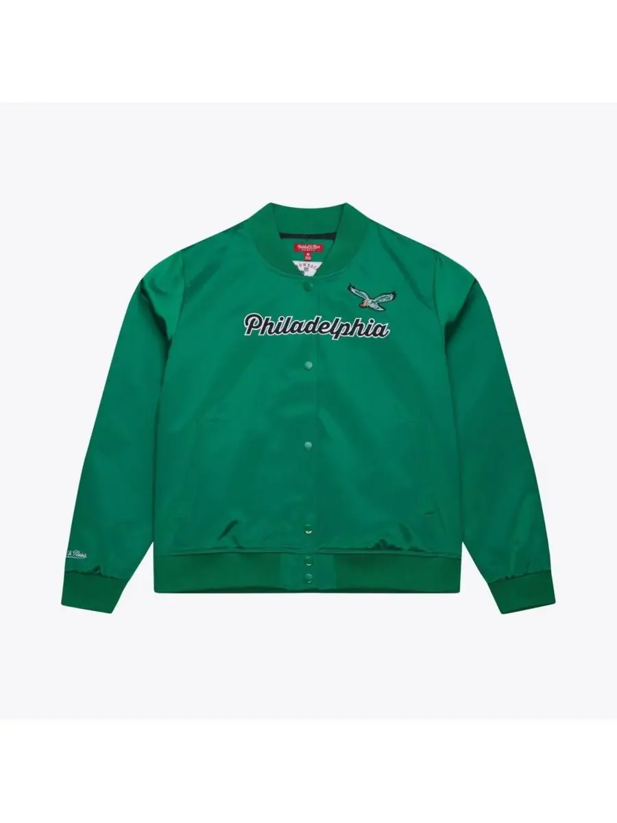 Mitchell & Ness Женская атласная куртка ярко-зеленого цвета с логотипом Philadelphia Eagles — изображение 3 из 5, зеленый