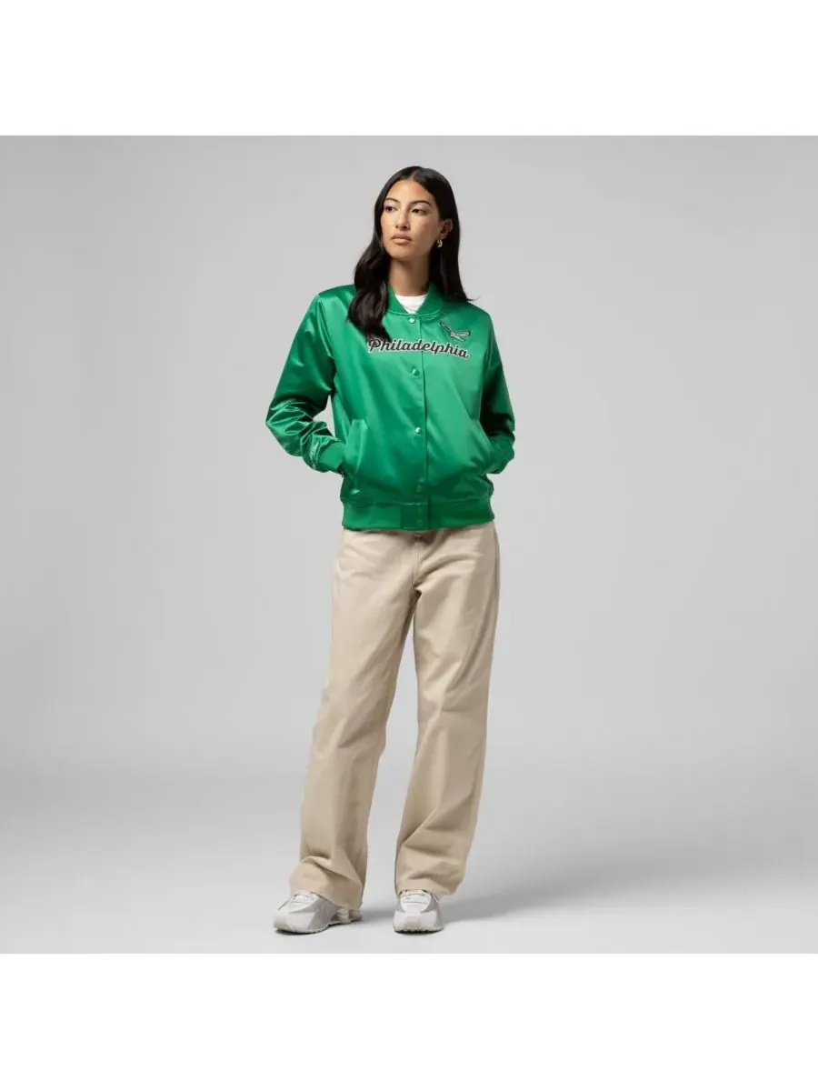 Mitchell & Ness Женская атласная куртка ярко-зеленого цвета с логотипом Philadelphia Eagles — изображение 4 из 5, зеленый