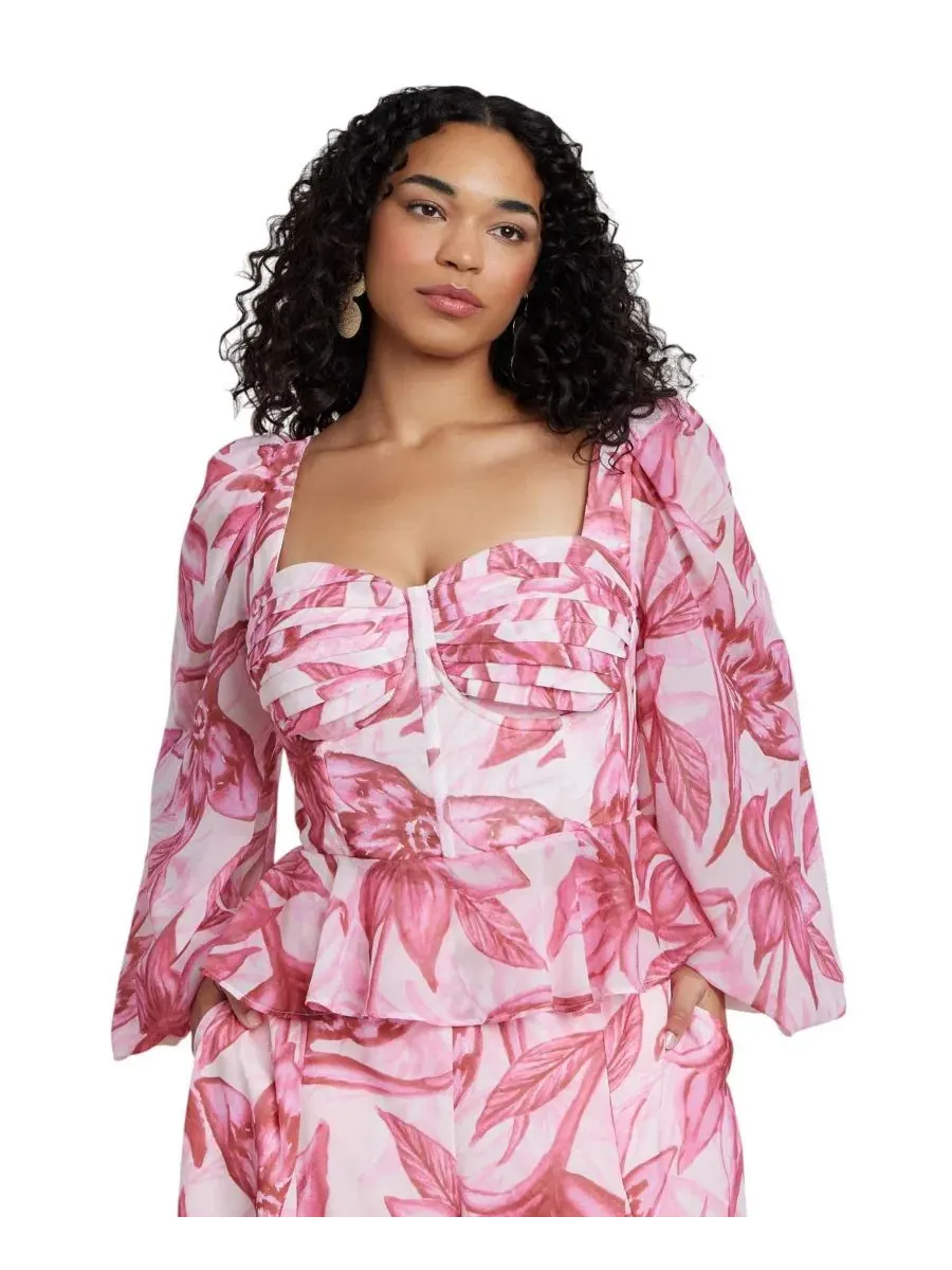 Блуза с воланами и длинными рукавами, модель Puff-Sleeve Peplum Top ELOQUII, Saffron Blooms