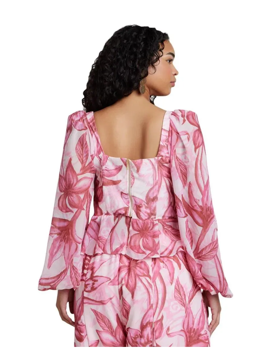Блуза с воланами и длинными рукавами, модель Puff-Sleeve Peplum Top ELOQUII, Saffron Blooms — изображение 2 из 4