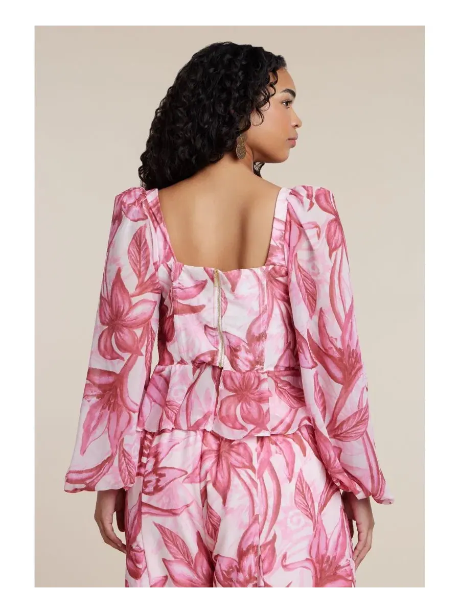 Блуза с воланами и длинными рукавами, модель Puff-Sleeve Peplum Top ELOQUII, Saffron Blooms — изображение 3 из 4