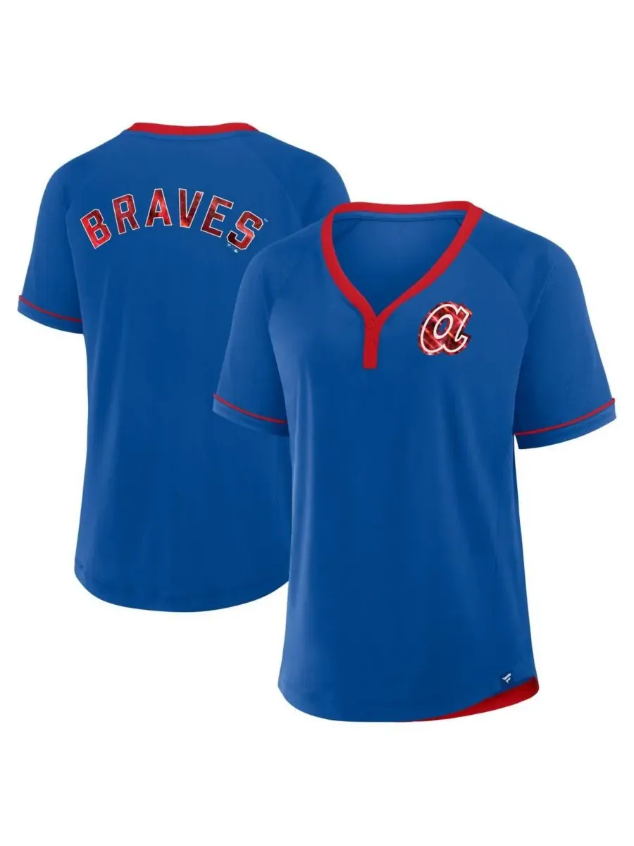 Женская футболка Royal Atlanta Braves Cooperstown Collection League Diva с V-образным вырезом и