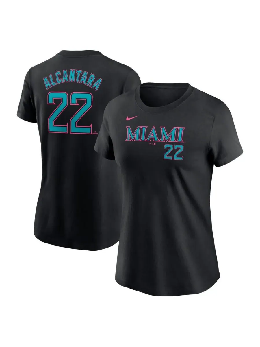 Nike Женская футболка Sandy Alcantara Black Miami Marlins 2025 City Connect Fuse с номером игрока