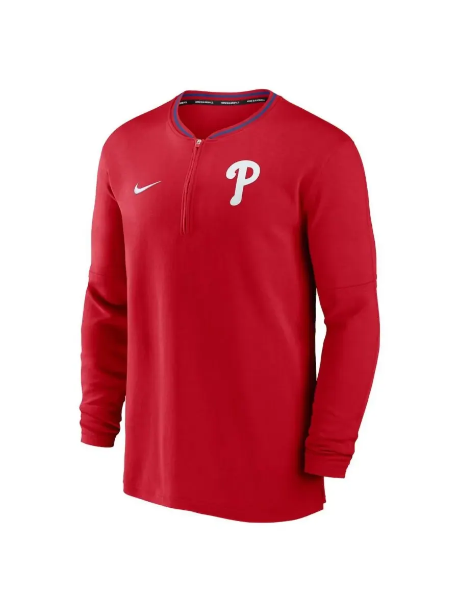 Nike Мужская красная футболка Philadelphia Phillies из аутентичной коллекции с половинной молнией — изображение 2 из 3