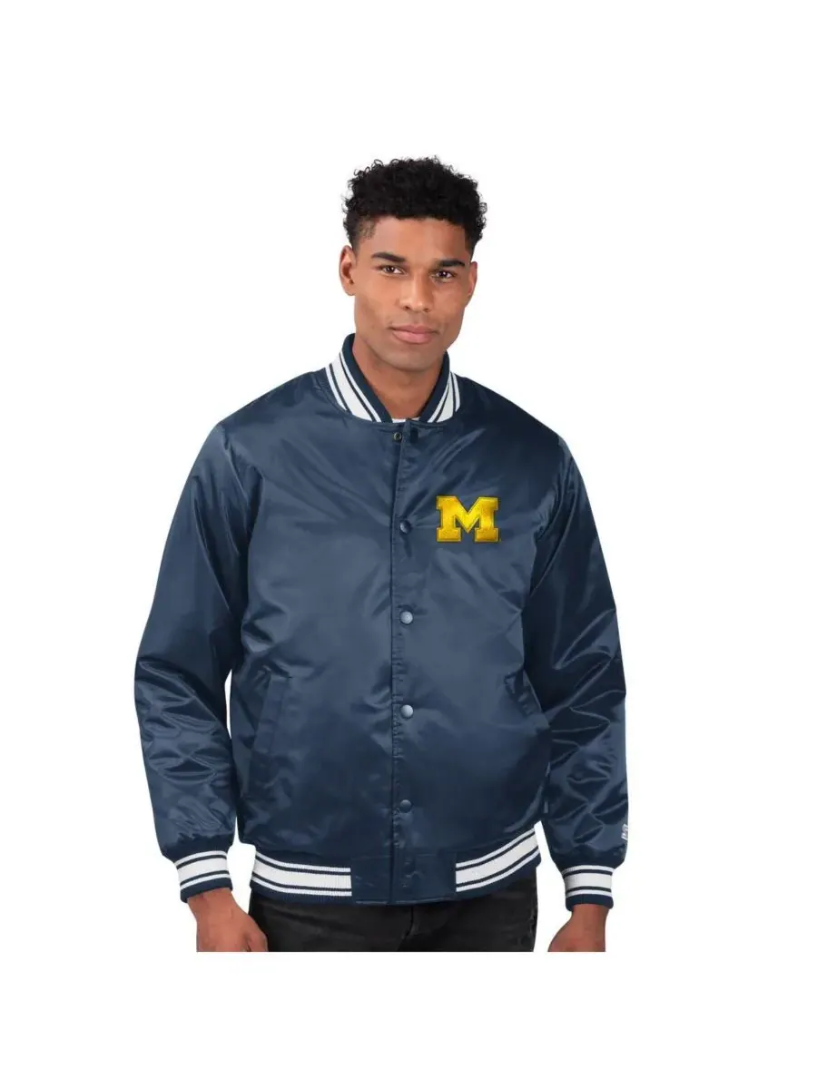 Starter Мужская темно-синяя атласная куртка Michigan Wolverines Core Satin Varsity с застежкой на