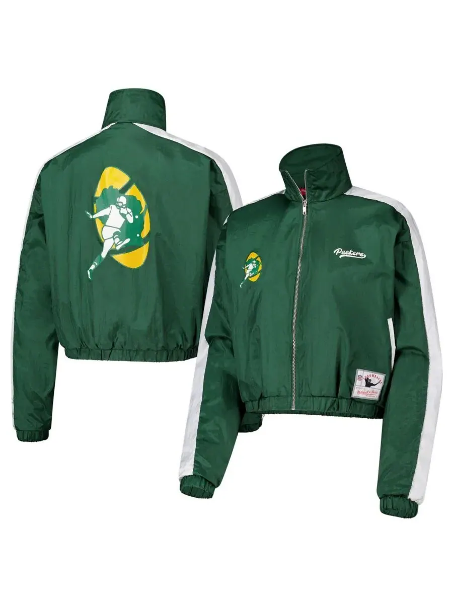 Mitchell & Ness Женская укороченная нейлоновая куртка на молнии зеленого цвета с символикой команды