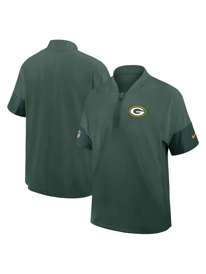 Мужская зеленая куртка тренера Green Bay Packers с коротким рукавом и четверть-молнией для боковой