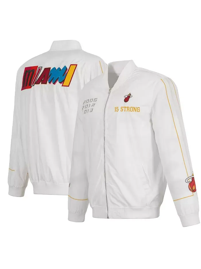 Мужская белая бомбер-куртка Miami Heat 2022/23 City Edition на молнии из нейлона JH Design