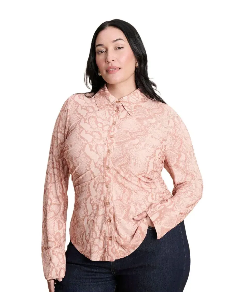 Блузка с принтом и длинным рукавом, модель Printed Button Up Top ELOQUII, Snakeskin Sheer