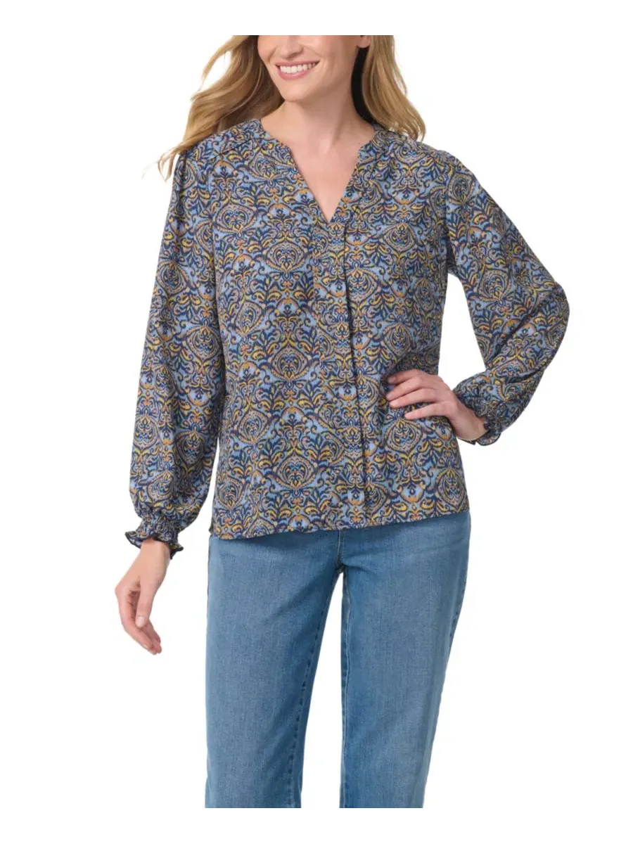 Блуза с V-образным вырезом и длинными рукавами-буфф Gloria Vanderbilt, Azurine Etched Damask