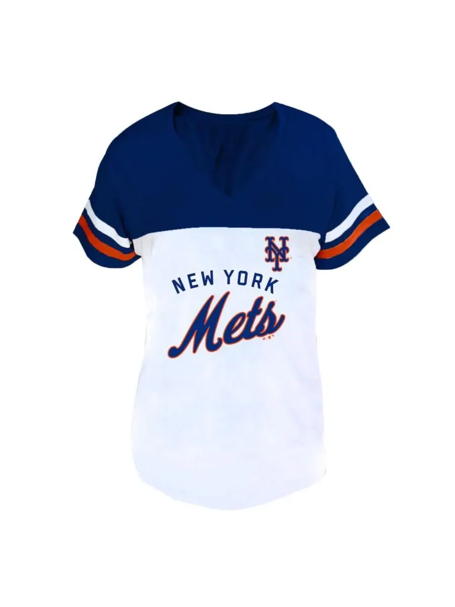 Футболка с V-образным вырезом и полосами на рукавах New York Mets Fanatics
