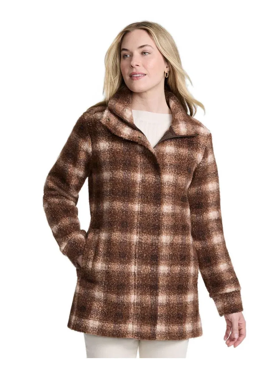 Женское пальто из букле-флиса с воротником-стойкой Lands' End, Rich Coffee Tonal Plaid