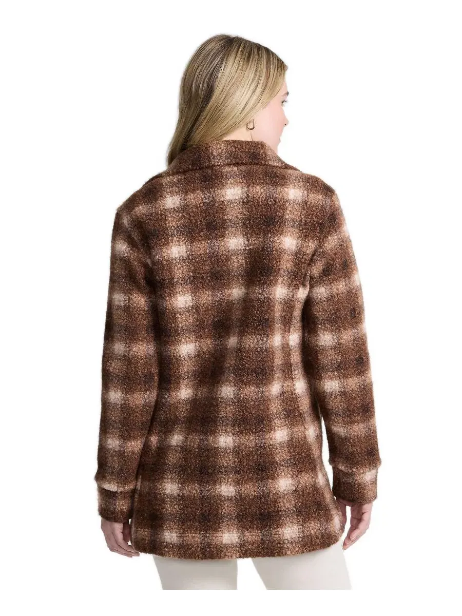 Женское пальто из букле-флиса с воротником-стойкой Lands' End, Rich Coffee Tonal Plaid — изображение 2 из 4