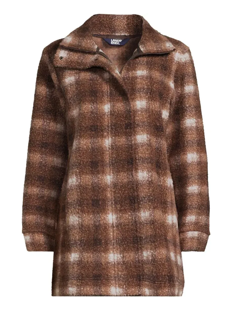 Женское пальто из букле-флиса с воротником-стойкой Lands' End, Rich Coffee Tonal Plaid — изображение 3 из 4