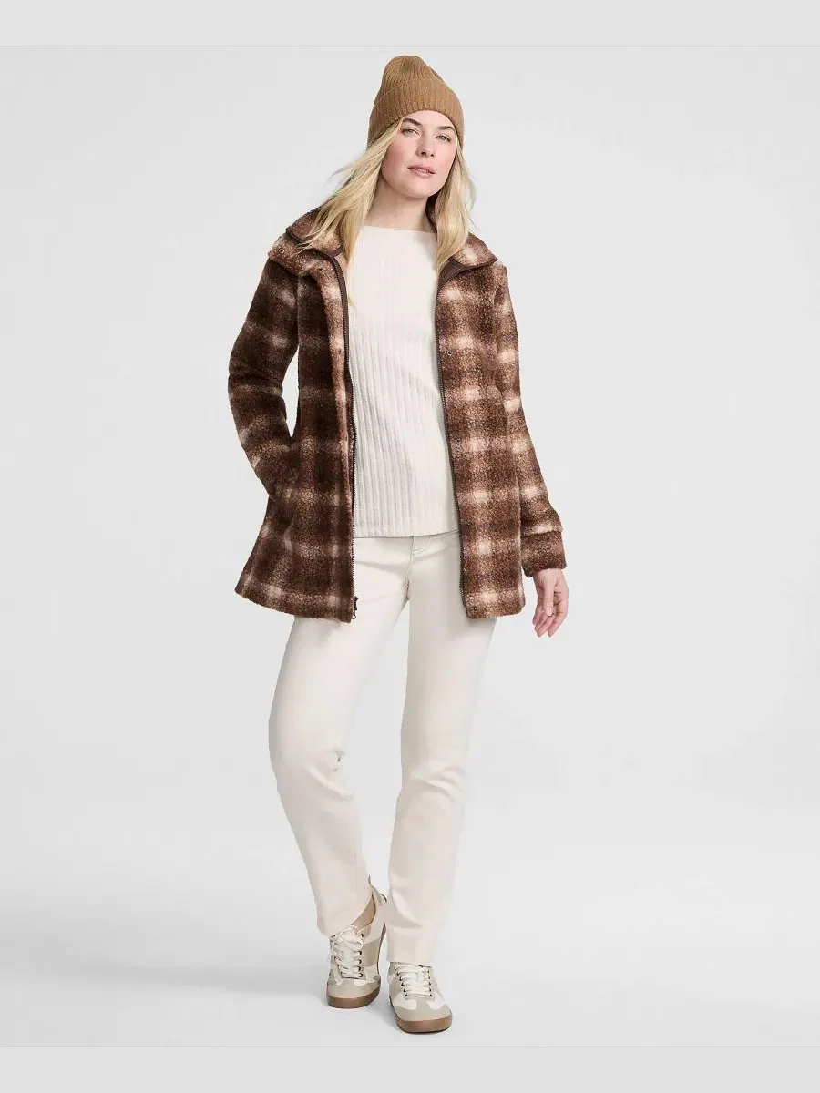 Женское пальто из букле-флиса с воротником-стойкой Lands' End, Rich Coffee Tonal Plaid — изображение 4 из 4